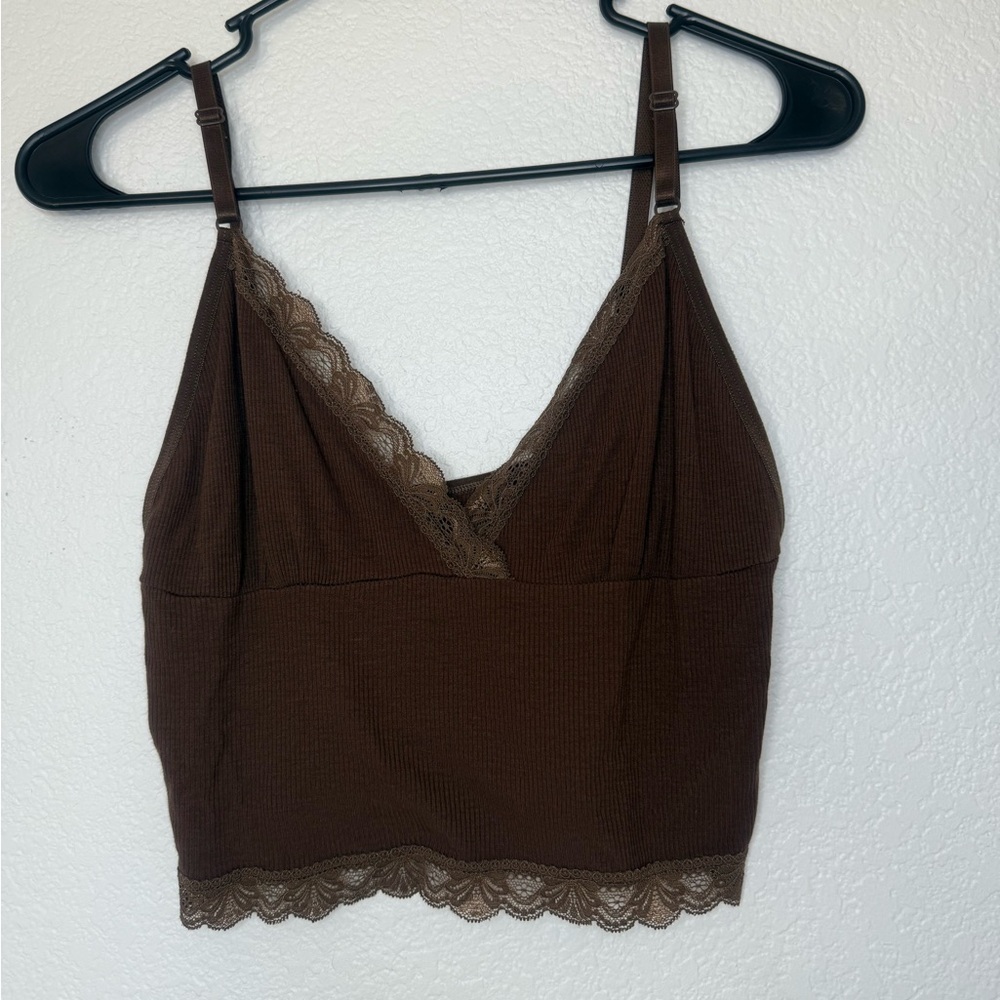 Brown Lace Trimmed Cropped Tank Top | Size M
